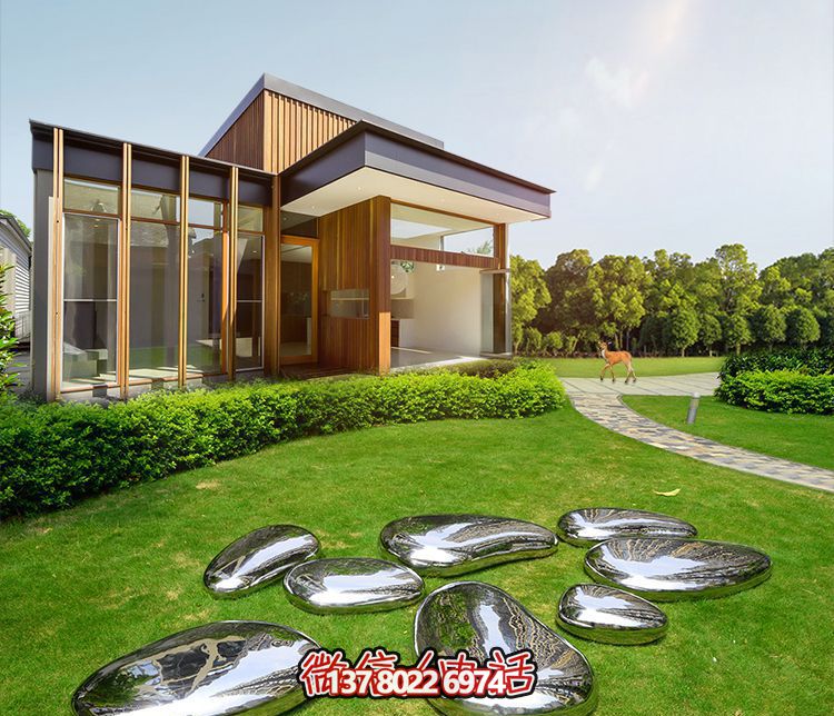 高端室內草坪裝飾，不銹鋼雕塑鏡面石頭安放