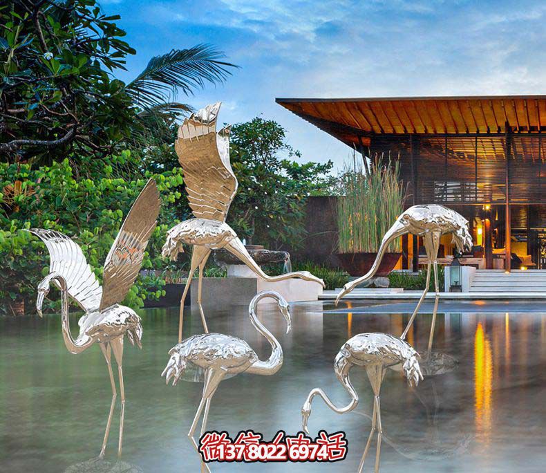 不銹鋼火烈鳥雕塑，游樂園擺放鏡面裝點
