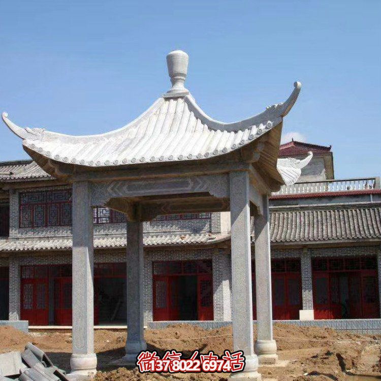 古雅紅晚霞，別墅園林石涼亭石雕長廊