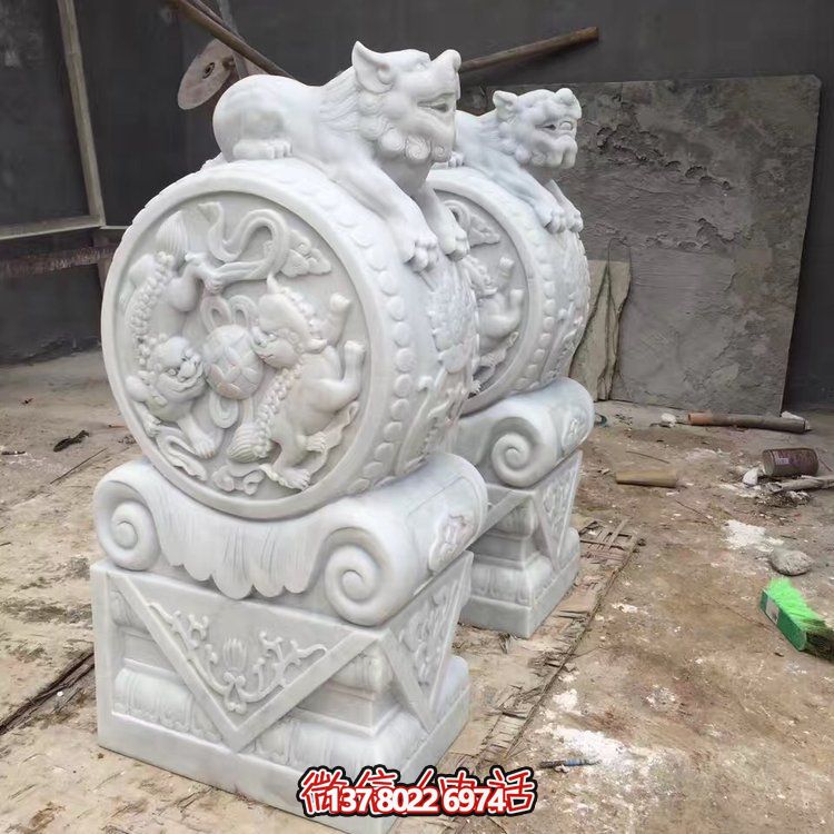 精美大理石石雕抱鼓雕塑，裝點(diǎn)別墅庭院門口