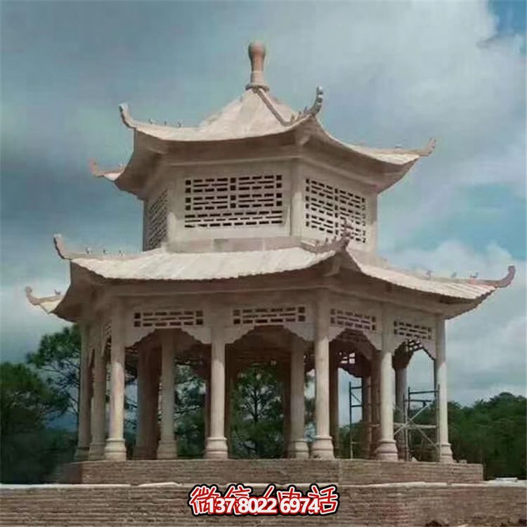 大型廣場(chǎng)擺放雙層鏤空大理石涼亭景觀