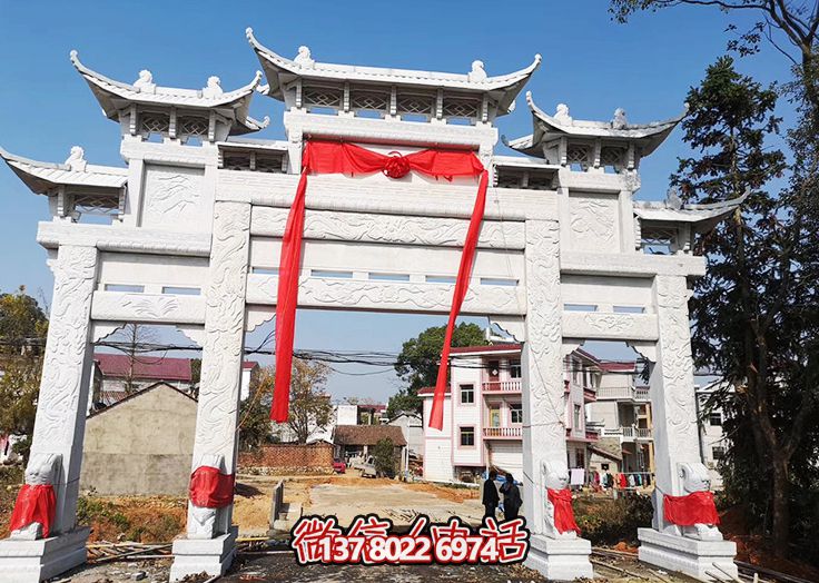 大理石村口三門五樓石雕牌樓 大理石村口三門五樓石雕牌樓