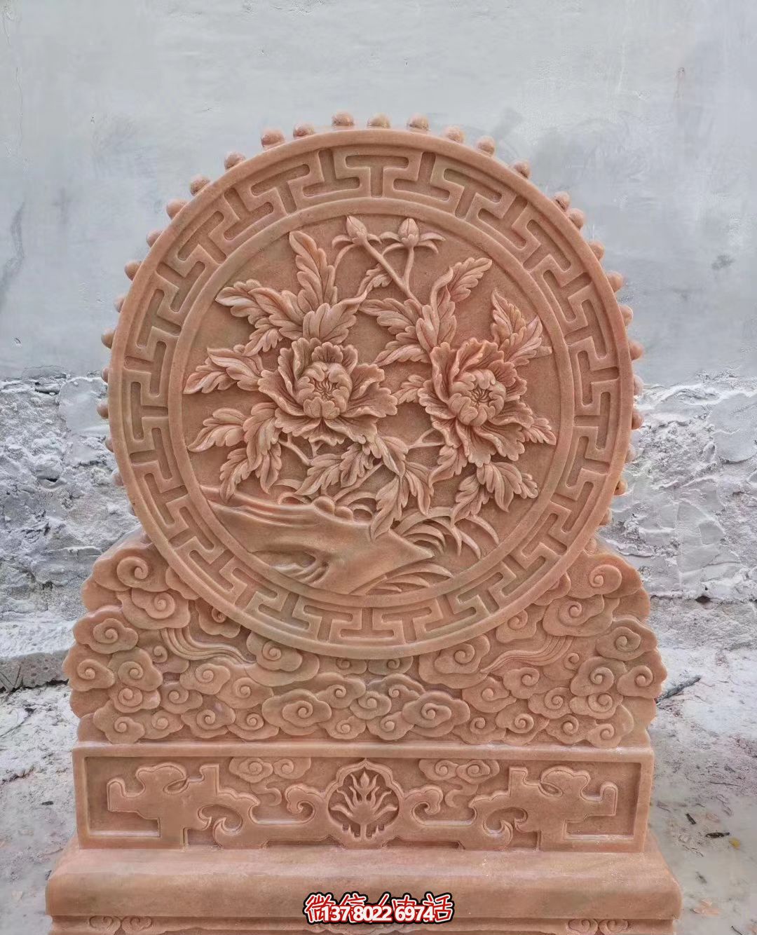 庭院晚霞紅牡丹花浮雕石門(mén)墩
