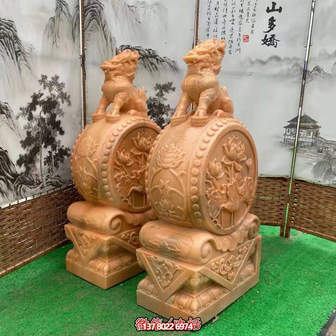 麒麟抱鼓石，晚霞紅荷花門墩